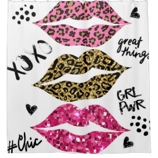 Glitzer Lips: modische Leopard-Printwerbung Duschvorhang