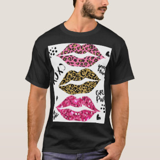Glitzer Lips: modische Leopard-Printwerbung T-Shirt
