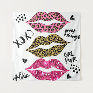 Glitzer Lips: modische Leopard-Printwerbung Wandteppich