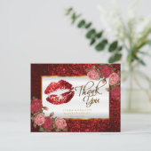 Glitzer Lipstick und Rose - Vielen Dank Postkarte (Stehend Vorderseite)