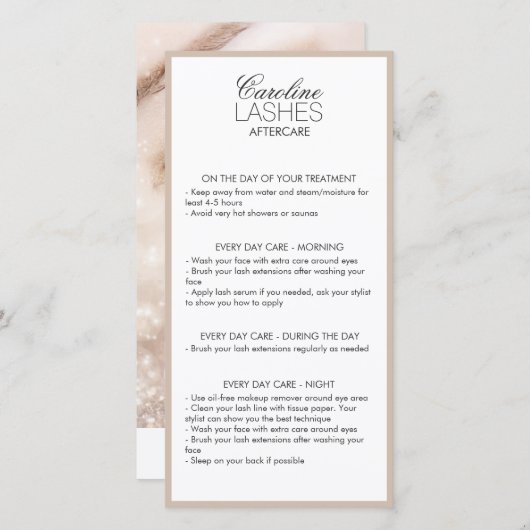 Glitzer Long Lashes Aftercare Beige Creme Dankeskarte (Vorne/Hinten)