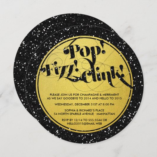 Glitzer Look Pop! Fizz! Clink! Silvester Einladung (Vorne/Hinten)
