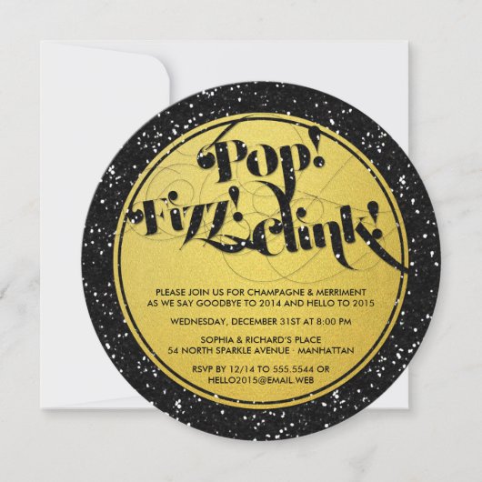 Glitzer Look Pop! Fizz! Clink! Silvester Einladung (Vorderseite)