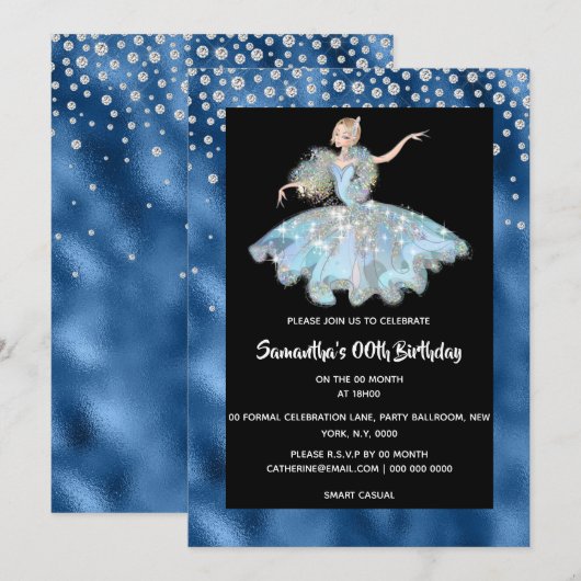 Glitzer-Mädchen Einladung (Vorne/Hinten)