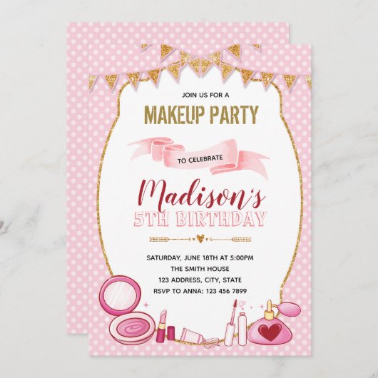 Glitzer-Make-Geburtstagsfeier Einladung (Vorne/Hinten)