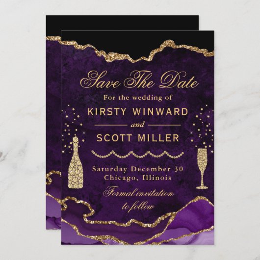 Glitzer Marble Agate Wedding mit lila Imitaten Save The Date (Vorne/Hinten)