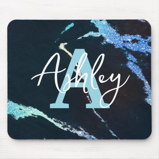 Glitzer Marble Blue Personalisiert Monogram Mousep Mousepad (Vorne)