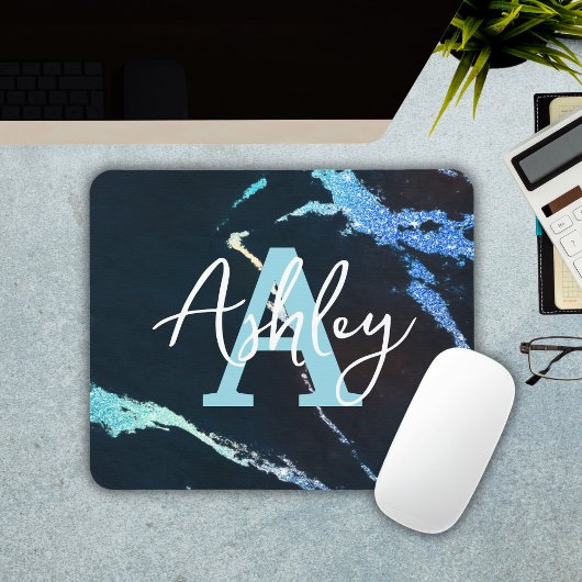 Glitzer Marble Blue Personalisiert Monogram Mousep Mousepad