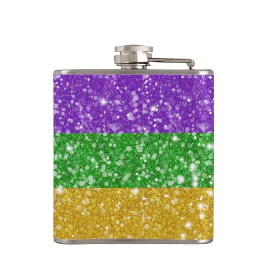 Glitzer Mardi Gras Farbenfrohe Strickteppiche Flachmann (Rückseite)