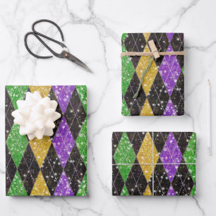 Glitzer Mardi Gras Harlequin Raute Wrapping Paper Geschenkpapier Set