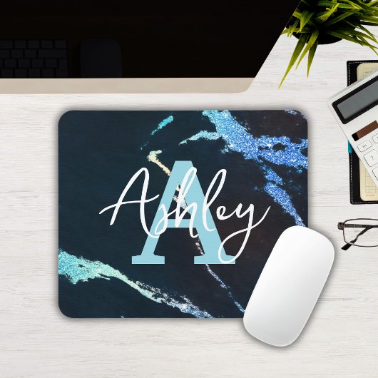 Glitzer-Marmor-Blau personalisierte Monogramm-Maus Mousepad