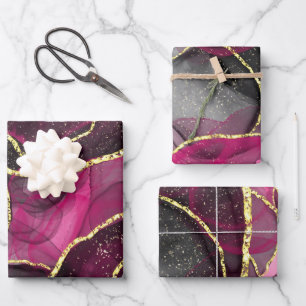 Glitzer-Marmor mit rosa und schwarzen Geoden Geschenkpapier Set