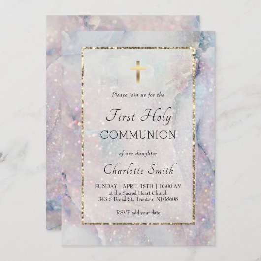 Glitzer Marmorboden Erste Kommunion Einladung (Vorne/Hinten)