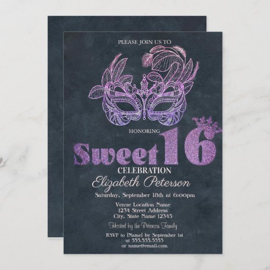 Glitzer Masque Violet Sweet 16 Einladung (Vorne/Hinten)