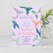 Glitzer Meerjungfrau Rosa Gold lila 1. Geburtstag Einladung (Stehend Vorderseite)