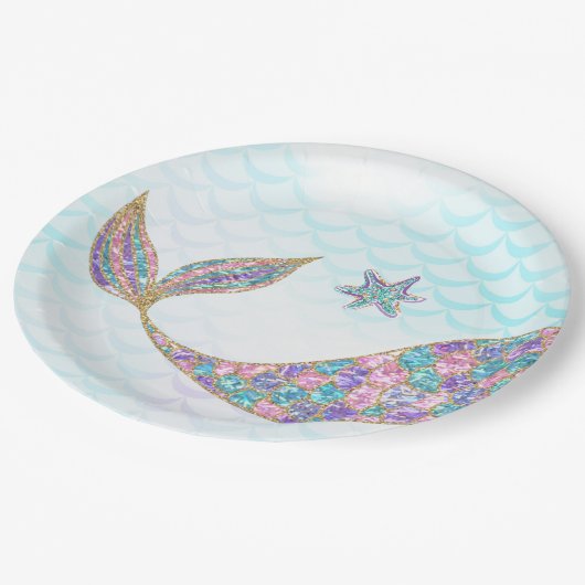 Glitzer-Meerjungfrau-Schwanz Papier-Teller, unter Pappteller (Schrägansicht)