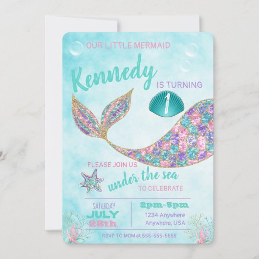 Glitzer Mermaid Invitation, Under Sea Party, Einladung (Vorderseite)