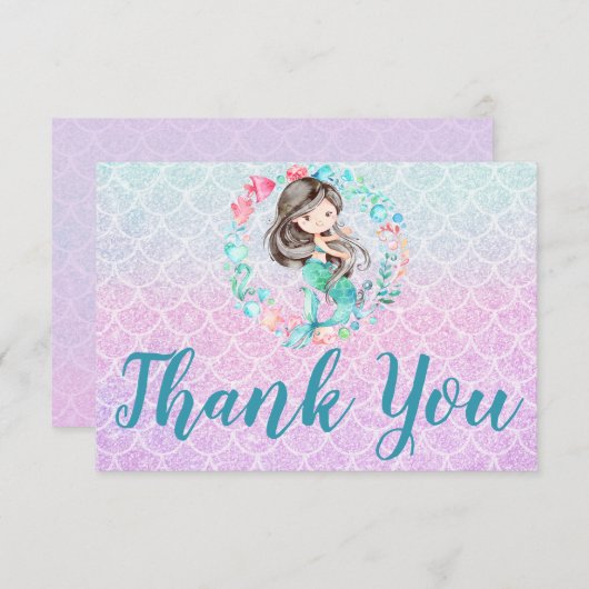 Glitzer Mermaid Lila Pink Aquamarin Danke, Karte (Vorne/Hinten)