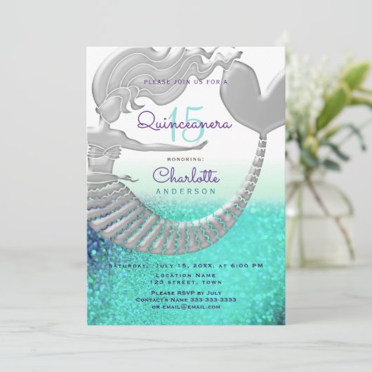 Glitzer Mermaid Quinceanera Birthday Einladung (Stehend Vorderseite)