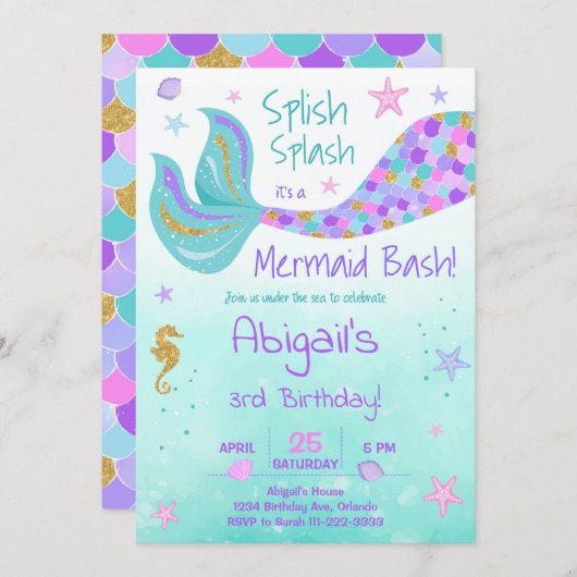 Glitzer Mermaid Schwanz Aquamarin Geburtstagsempfa Einladung (Vorne/Hinten)