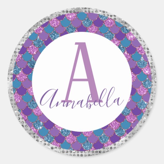 Glitzer Mermaid Schwanz mit Individuelle Name Runder Aufkleber (Vorderseite)