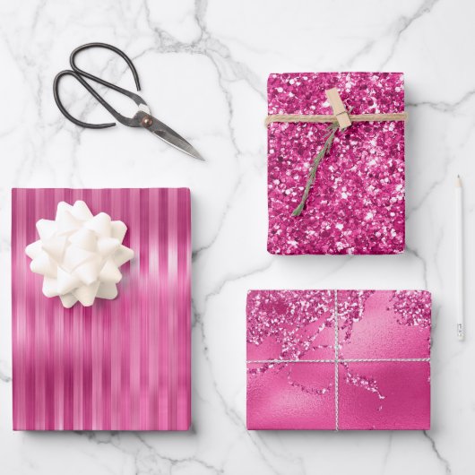 Glitzer mit den rosa Streifen Geschenkpapier Set (Vorderseite)