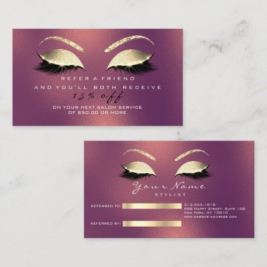 Glitzer mit Salon-Referenzkarte Gold Kupfer-Lashes Empfehlungskarte (Vorne/Hinten)