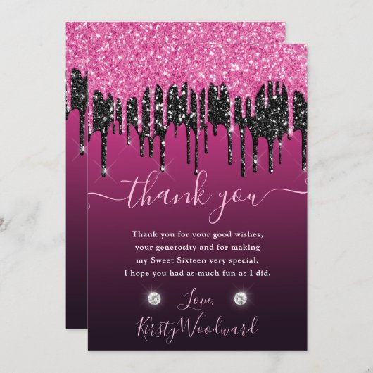 Glitzer mit schwarz-rosa Tropfen Sweet 16 Dankeskarte (Vorne/Hinten)