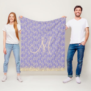 Glitzer Monogram Gold Floral on Lavendel Fleecedecke