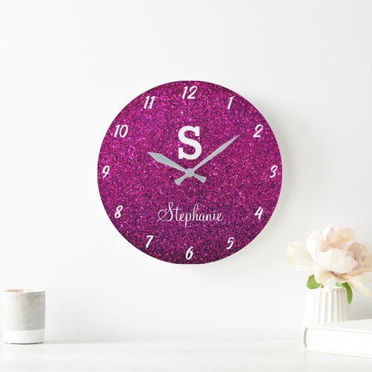 Glitzer Monogramme Lila Pink Modernes Geschenk Gab Große Wanduhr (Zuhause)