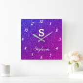 Glitzer Monogramme Lila Rosa Elegantes Geschenk Ge Quadratische Wanduhr (Zuhause)