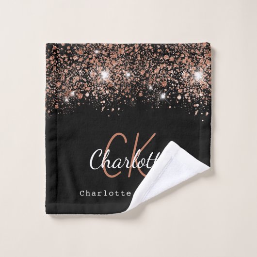 Glitzer-Monogrammnamenskript für die schwarze Rose Badhandtuch Set (Waschlappen)