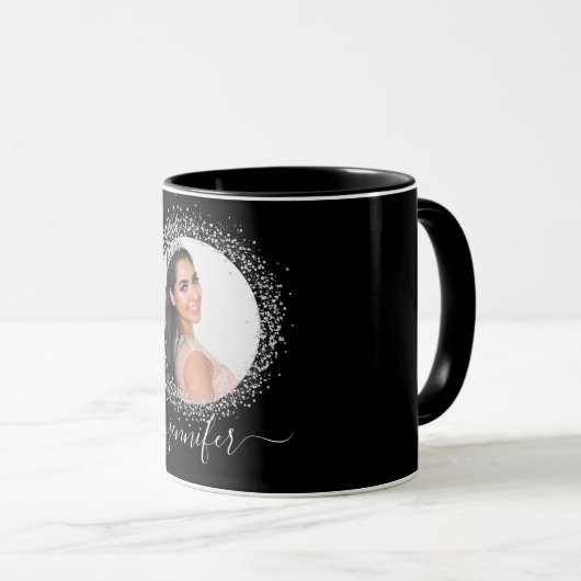 Glitzer-Namensschrift für Schwarzes Foto Tasse (VorderseiteRechts)