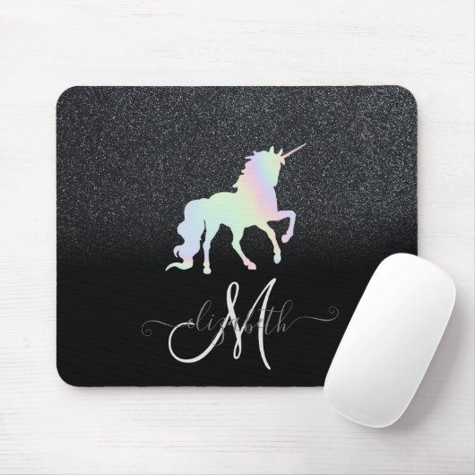Glitzer Ombre Black Monogram Holographic Unicorn Mousepad (Mit Mouse)