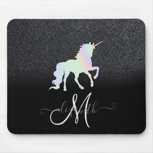 Glitzer Ombre Black Monogram Holographic Unicorn Mousepad (Vorne)