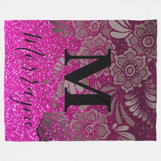 Glitzer Ombre Boho Chic Floral Monogram Fleecedecke (Vorderseite (Horizontal))