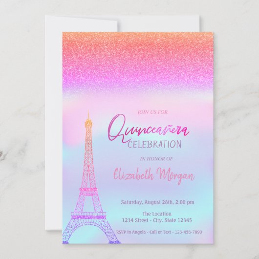 Glitzer Ombre, Holografy Eiffel Tower Quinceanera Einladung (Vorderseite)