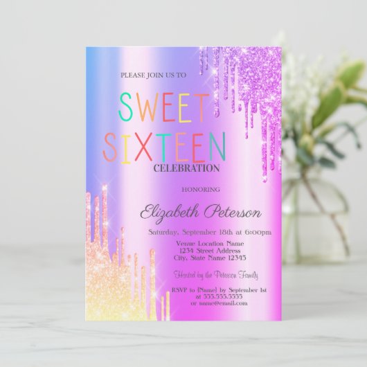 Glitzer Ombre Violet Tropfens Farbenfrohe Süße 16 Einladung (Stehend Vorderseite)