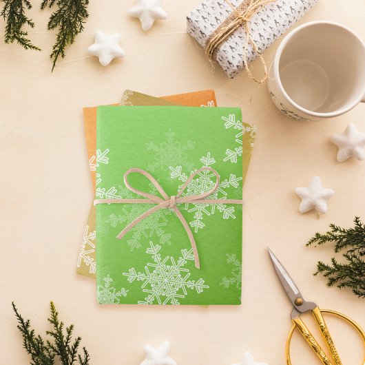 Glitzer Orange Green Golden Snowflakes Weihnachten Geschenkpapier Set