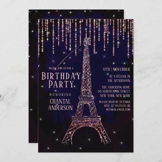 Glitzer Paris Eiffel Tower Geburtstag Einladung (Vorne/Hinten)