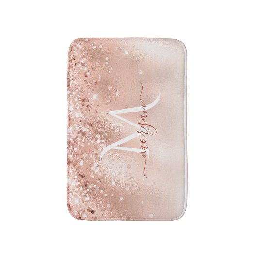 Glitzer Peach Rose Gold Monogramm Badematte (Vorderseite Vertikal)