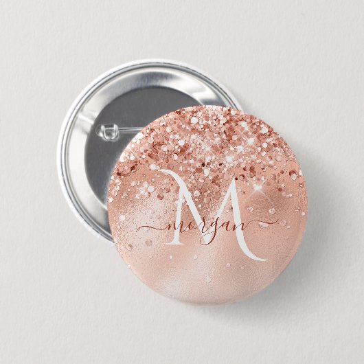 Glitzer Peach Rose Gold Monogramm Button (Vorne & Hinten)