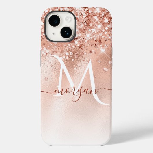 Glitzer Peach Rose Gold Monogramm Case-Mate iPhone Hülle (Rückseite)