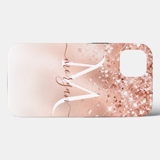 Glitzer Peach Rose Gold Monogramm Case-Mate iPhone Hülle (Rückseite (Horizontal))