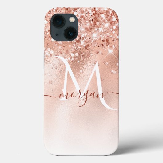Glitzer Peach Rose Gold Monogramm Case-Mate iPhone Hülle (Rückseite)