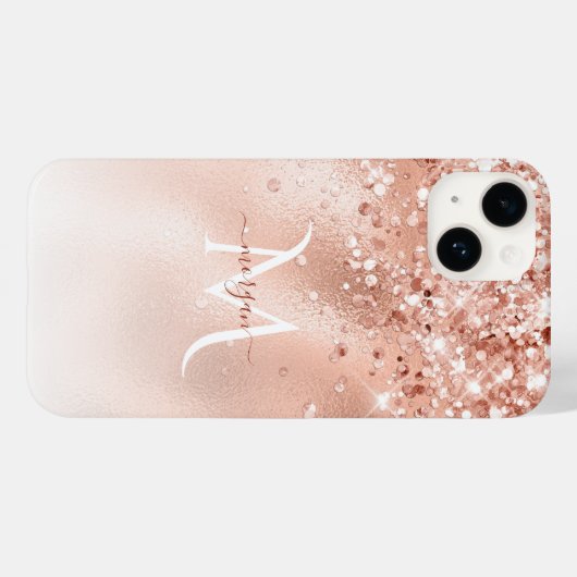 Glitzer Peach Rose Gold Monogramm Case-Mate iPhone Hülle (Rückseite (Horizontal))