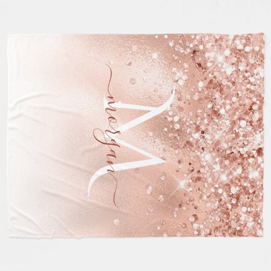 Glitzer Peach Rose Gold Monogramm Fleecedecke (Vorderseite (Horizontal))