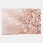 Glitzer Peach Rose Gold Monogramm Geschirrtuch (Horizontal)