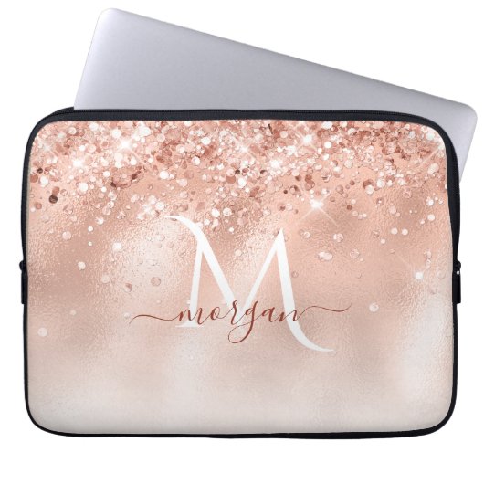 Glitzer Peach Rose Gold Monogramm Laptopschutzhülle (Vorderseite)