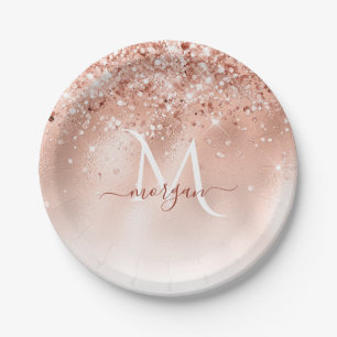 Glitzer Peach Rose Gold Monogramm Pappteller